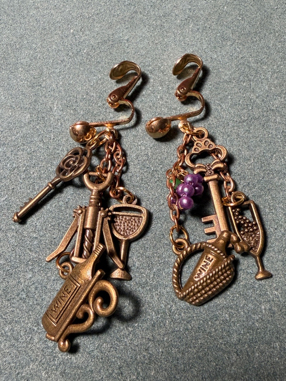 Non-Pierced Charm Dangle Earrings with Keys & Wine Motifs